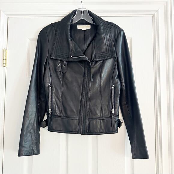 Michael Kors Genuine Leather Black Moto Jacket Biker S/P Small Petite Zipper - Picture 15 of 16